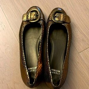 STUART WEITZMAN Bronze Snakeskin Leather Buckle Ballet Flats Skimmers